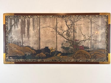 LARGE VINTAGE ASIAN PAINTED AND FRAMED WOOD PANEL