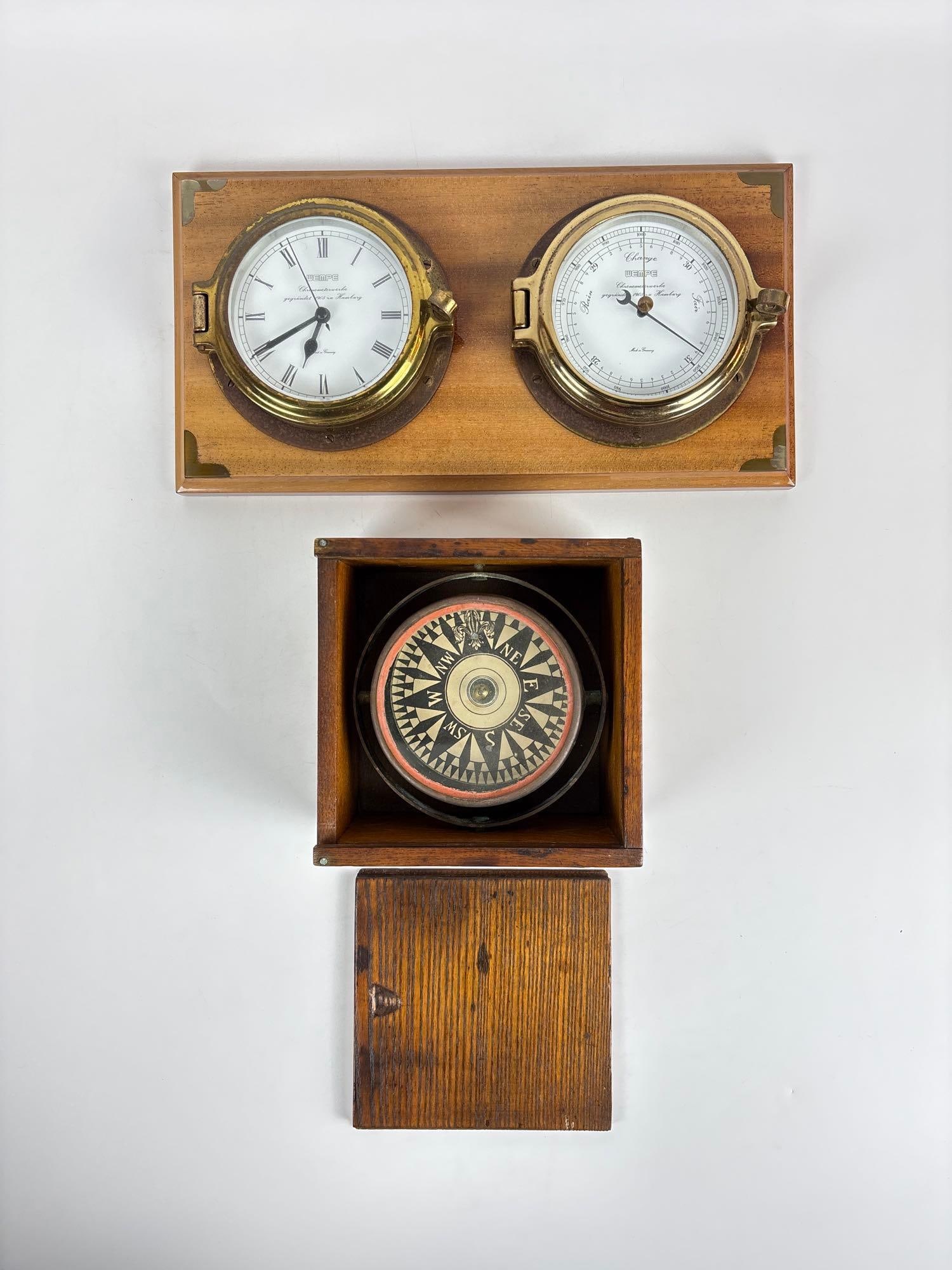 NAUTICAL LOT: 19TH CENTURY SHIP'S COMPASS & WEMPE CLOCK/BAROMETER SET (1 of 8)