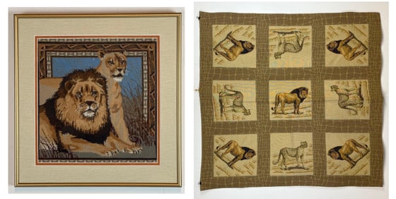 SET OF FRAMED NEEDLEPOINT LION AND A NEEDLEPOINT SERENGETI  WILD CAT WALL HANGING