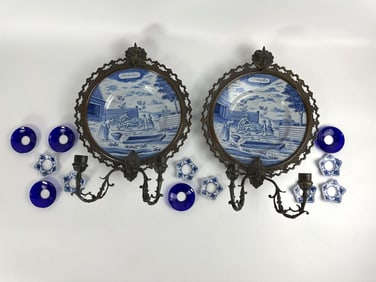 PAIR OF DELFT "NOVEMBER" PLATES MOUNTED WALL SCONCES