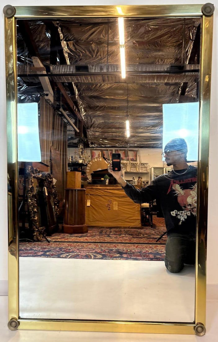 LARGE RECTANGULAR BRASS-FRAMED WALL MIRROR REGENCY MODERN STYLE (1 of 6)