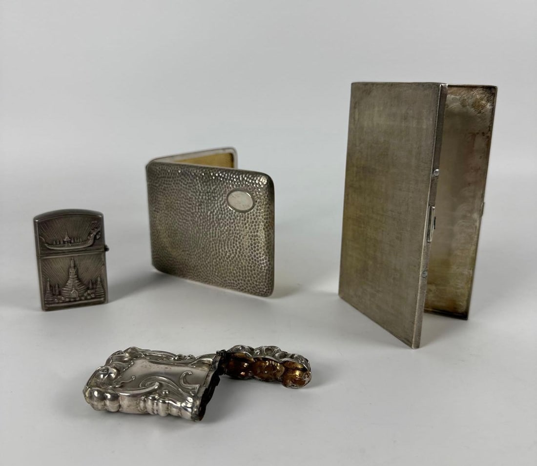LOT OF FOUR SILVER SMOKING AND ACCESSORIES, INCL. POCKET LIGHTER MATCH SAFE CIGARETTE CASES (1 of 12)