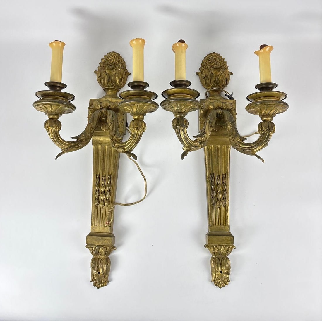 PAIR OF SUBSTANTIAL BRONZE TWO LITE PINEAPPLE PINECONE MOTIF SCONCES (1 of 5)