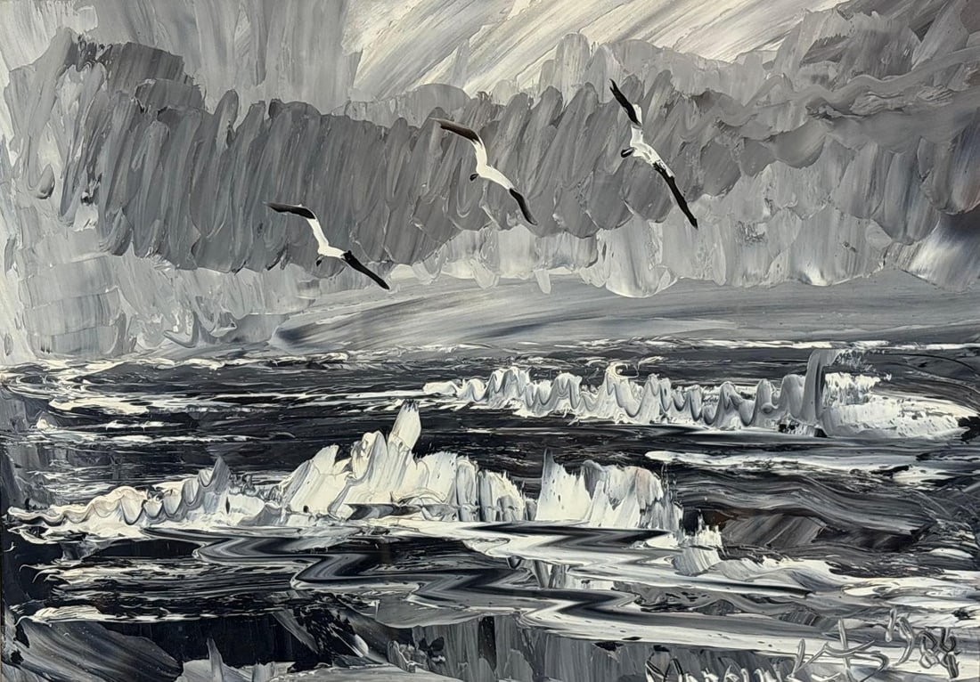 MORRIS KATZ SIGNED PAINTING ON BOARD OF A SEASCAPE IN BLACK AND WHITE: A signed Morris Katz original painting on board. Dimensions: 24.5" x 30.5" Artist: Morris Katz Provenance: A New York Collector Notes: Although care is taken to photograph and descr