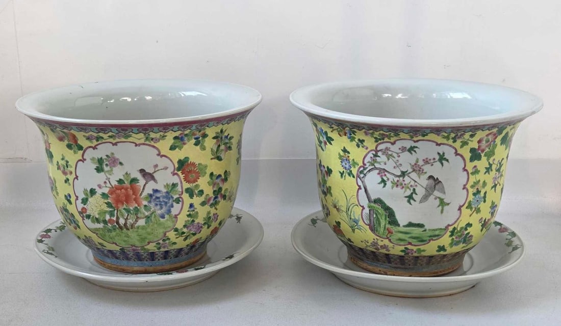 PAIR OF CHINESE GLAZED PORCELAIN FAMILE ROSE STYLE PLANTERS WITH UNDERPLATES (1 of 10)