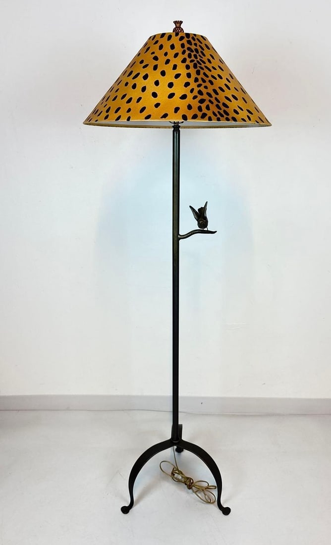 VINTAGE WROUGHT IRON FLOOR LAMP WITH PERCHED BIRD ACCENT AND LEOPARD-PRINT SHADE. (1 of 8)