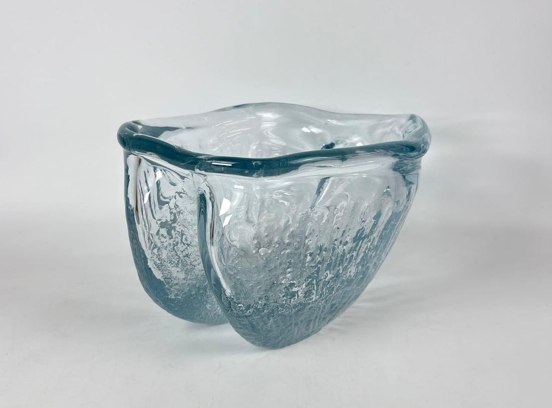 LARGE MID-CENTURY MODERN ORGANIC HAND-BLOWN ART GLASS BOWL BY PER LÜTKEN FOR HOLMEGAARD, DENMARK: A large, organic, biomorphic free-form art glass bowl in a pale blue 'Akva' hue, designed by Per Lütken for the Holmegaard Glassworks of Denmark, circa 1950s-1960s. Dimensions: 7" h x 11.