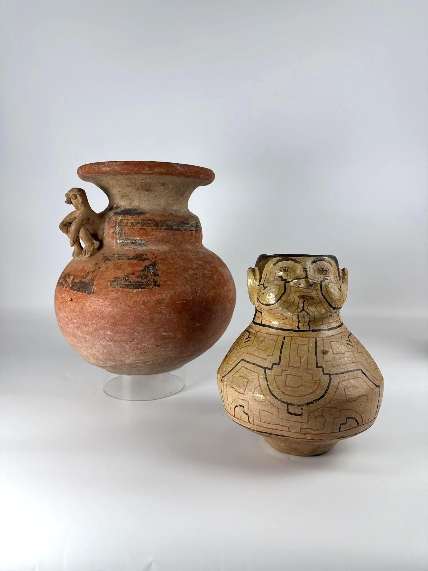 TWO PRE-COLUMBIAN CERAMICS: PERUVIAN CHANCAY MONKEY VESSEL & ECUADORIAN ANTHROPOMORPHIC JAR (1 of 14)