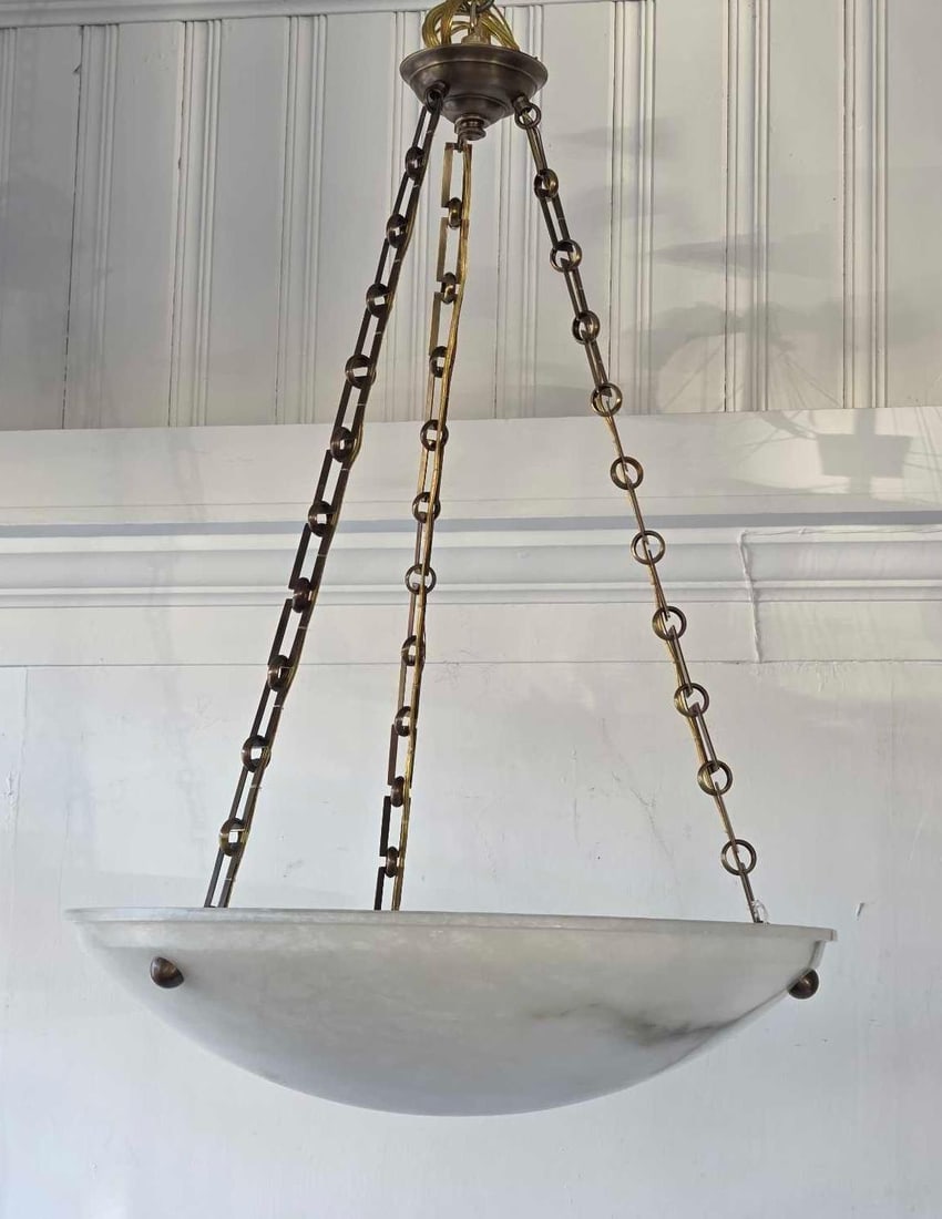 ALABASTER AND BRASS BOWL PENDANT LIGHT FIXTURE (1 of 9)