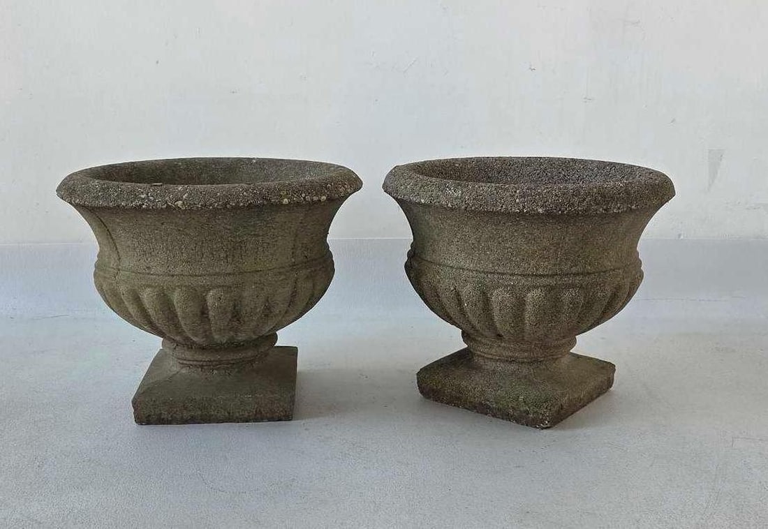 RARE PAIR OF VINTAGE CONCRETE URN GARDEN PLANTERS WITH RICH PATINA (1 of 10)