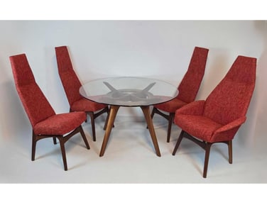 ADRIAN PEARSALL FOR CRAFT ASSOCIATES MID-CENTURY MODERN 'COMPASS' WALNUT DINING TABLE AND CHAIRS