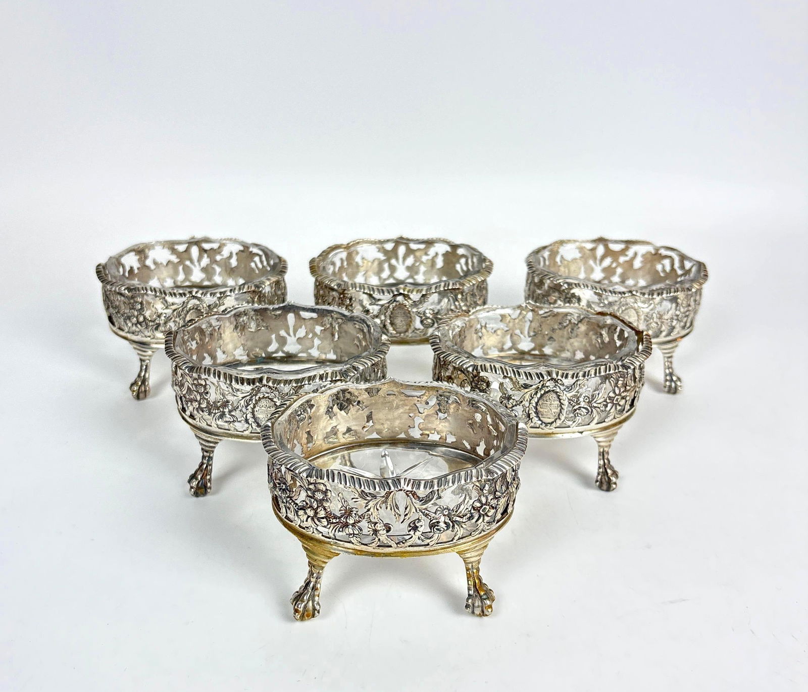 ANTIQUE ENGLISH STERLING SILVER AND CRYSTAL OPEN SALTS (1 of 8)