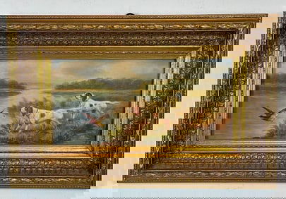 19TH CENTURY OIL ON BOARD SPORTING PAINTING OF SETTERS AND DUCK, SIGNED DATED 1879
