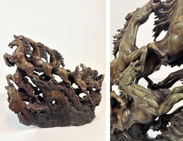 MASSIVE HARD STONE SCULPTURE: HERD OF TEN GALLOPING HORSES CHINA