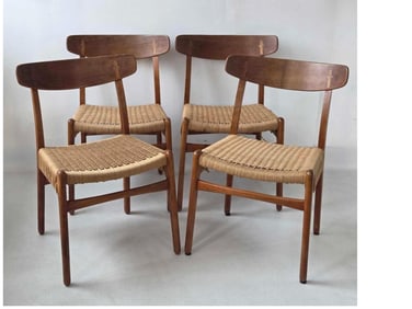 SET OF FOUR VINTAGE DANISH TEAK AND OAK HANS WEGNER SIDE CHAIRS