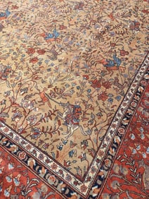 VINTAGE PERSIAN WOOL HUNTING RUG 12X9 ROOM SIZE CREAM GOLD RED ISFAHAN TABRIZ STYLE