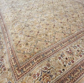 PALACE SIZE ANTIQUE PERSIAN KASHAN HAND-KNOTTED WOOL CARPET 15X12 CREAM BEIGE GOLD FLORAL