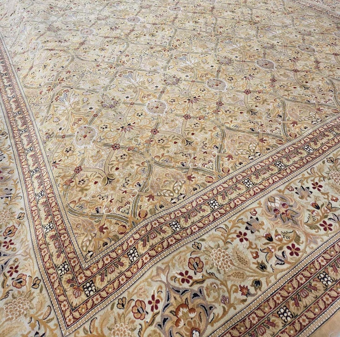 PALACE SIZE ANTIQUE PERSIAN KASHAN HAND-KNOTTED WOOL CARPET 15X12 CREAM BEIGE GOLD FLORAL (1 of 19)