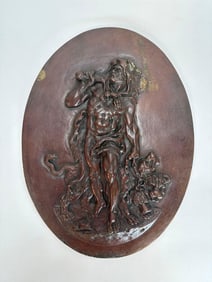 ANTIQUE BRONZE OVAL PLAQUE HIGH RELIEF HERCULES AND CERBERUS MYTHOLOGICAL ART