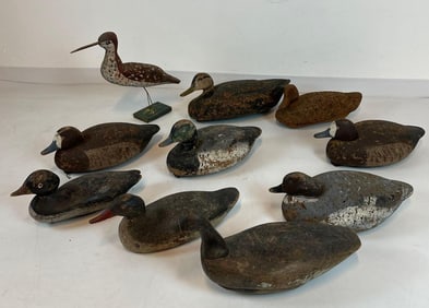 LARGE GROUP OF NINE VINTAGE CORK-BODIED DUCK AND PLOVER WORKING DECOYS