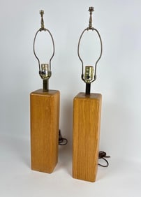 PAIR OF MINIMALIST MODERN WOODEN BLOCK TABLE LAMPS - WALNUT/TEAK DANISH STYLE