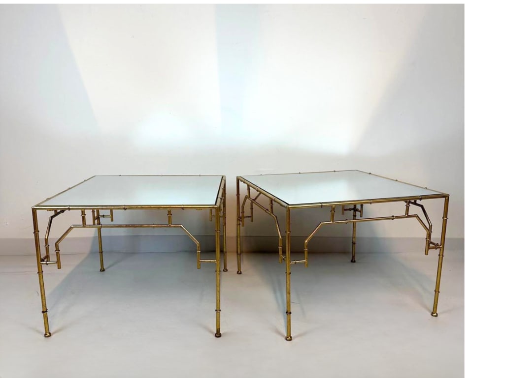 EXQUISITE PAIR GILT METAL FAUX BAMBOO END TABLES - HOLLYWOOD REGENCY MIRROR TOP COFFEE/SIDE TABLES (1 of 5)