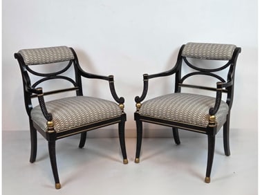 PAIR CENTURY FURNITURE REGENCY STYLE BLACK LACQUER ARMCHAIRS WITH BRASS ACCENTS