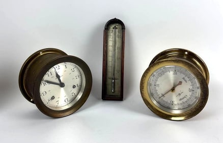 THREE-PIECE VINTAGE HOWARD MILLER INSTRUMENT SET WITH MATCHING BRASS CLOCK AND BAROMETER