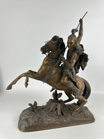 F.A. PEYROL ATTR. "AMERICAN INDIAN ON HORSE" 19" PATINATED SCULPTURE