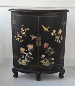 VINTAGE CHINESE BLACK LACQUER AND HARDSTONE CABINET BY JINLONG