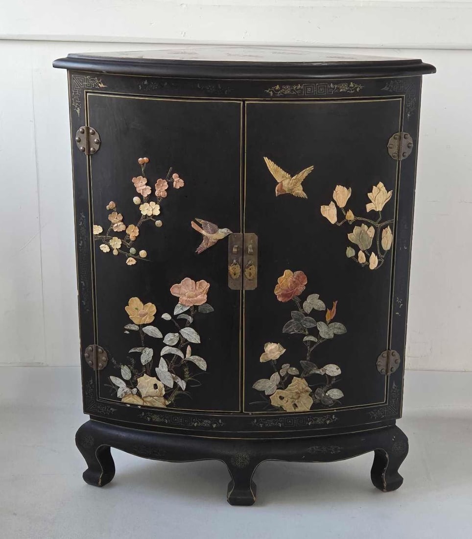 VINTAGE CHINESE BLACK LACQUER AND HARDSTONE CABINET BY JINLONG (1 of 18)