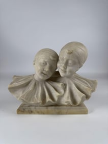 VINTAGE ALABASTER PIERROT HARLEQUIN HEADS BUST FIGURINE SCULPTURE