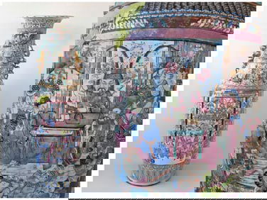 MONUMENTAL PALACE VASE CHINESE FAMILLE ROSE 19TH CENTURY FOO DOG HANDLES LIZARDS