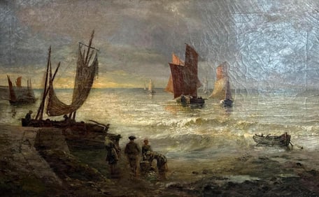 LARGE SIGNED ANTIQUE OIL ON CANVAS: 19TH C. DUTCH COASTAL FISHING SCENE WITH SAILBOATS