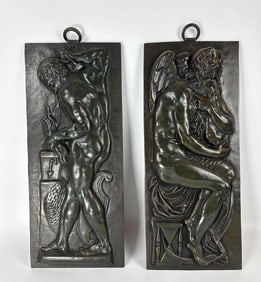 VINTAGE PAIR BRONZE REPOUSSE PLAQUES HIGH RELIEF VULCAN AND CHRONOS
