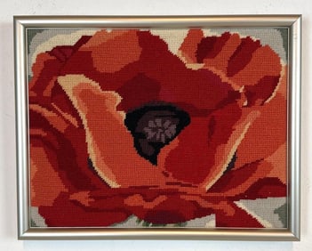 FRAMED OP ART POPPY FLOWER NEEDLEPOINT ARTWORK