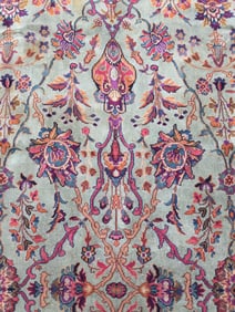 RARE VINTAGE PERSIAN KERMAN (KIRMAN) ROOM SIZE RUG GREEN GROUND FLORAL PATTERN