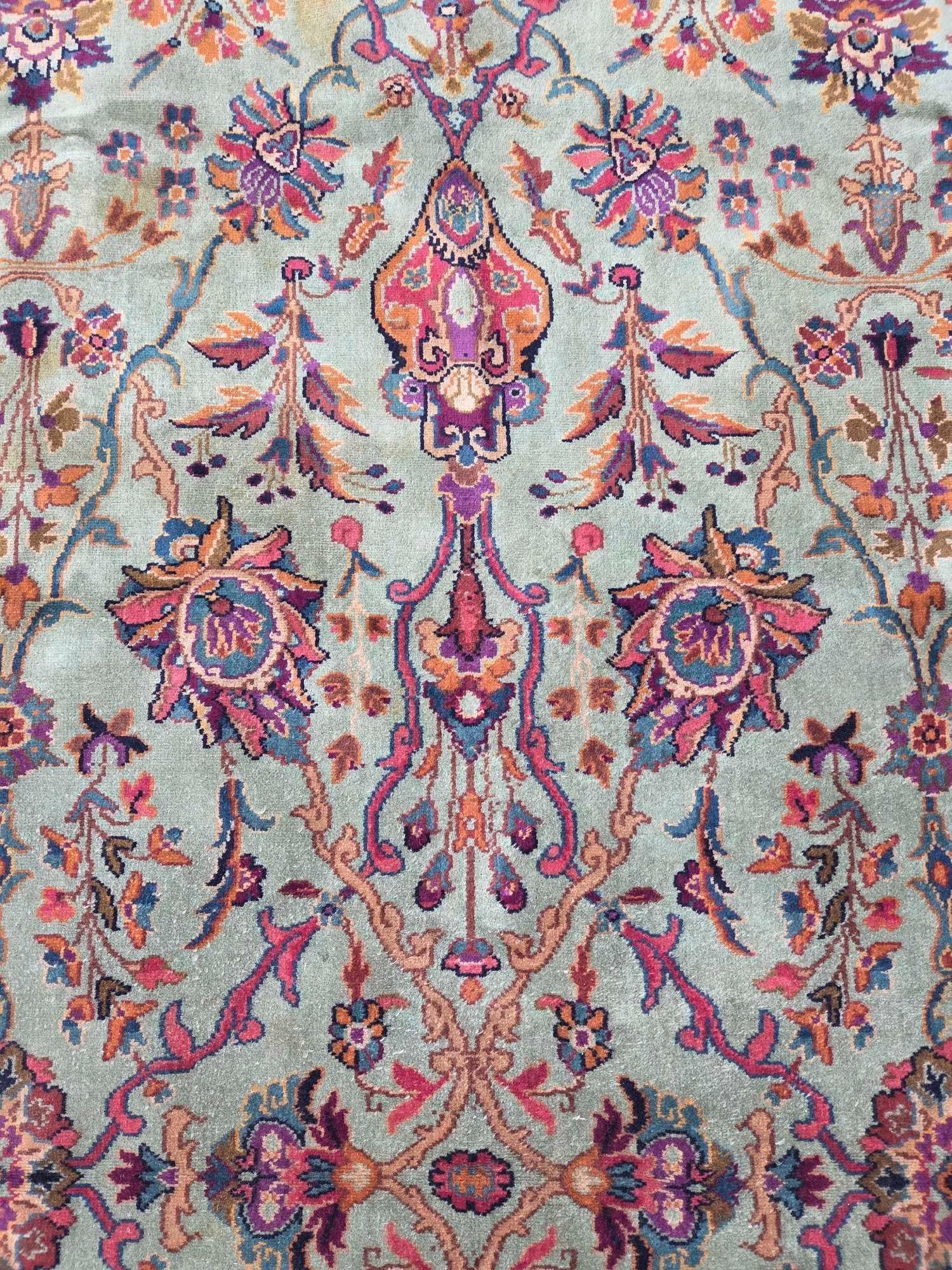 RARE VINTAGE PERSIAN KERMAN (KIRMAN) ROOM SIZE RUG GREEN GROUND FLORAL PATTERN (1 of 16)