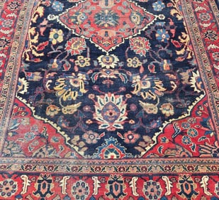 VINTAGE ANTIQUE MAHAL PERSIAN HAND-KNOTTED WOOL RUG NAVY BLUE RED FLORAL MEDALLION