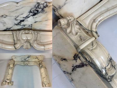 LOUIS XV STYLE CARVED CALACATTA MARBLE FIREPLACE SURROUND COMPONENTS