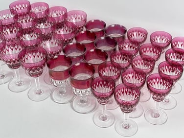CRANBERRY CUT-TO-CLEAR CRYSTAL STEMWARE LOT OF 37 PIECES