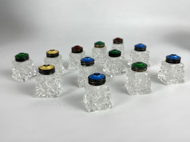 SET OF 12 STERLING AND GUILLOCHE ENAMELED CRYSTAL SHAKERS