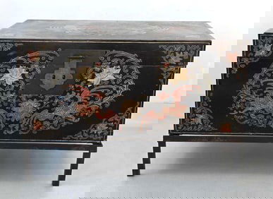 DECORATIVE CHINESE | ASIAN BLACK LACQUERED LEATHER TRUNK ON STAND WITH PHOENIXES AND FLOWERS