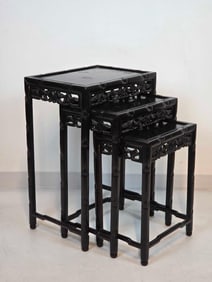 SET OF THREE CARVED LACQUERED WOOD BAMBOO MOTIF NESTING TABLES