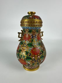VINTAGE CHINESE CLOISONNÉ ENAMEL DOUBLE-GOURD VASE/JAR WITH LID AND RING HANDLES