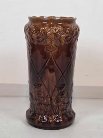 ANTIQUE ART NOUVEAU BROWN MAJOLICA POTTERY UMBRELLA STAND