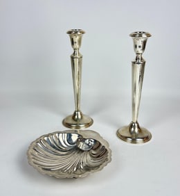 WEIGHTED EMPIRE STERLING SILVER CANDLESTICKS PAIR AND NAUTICAL CLAMSHELL DISH TRAY