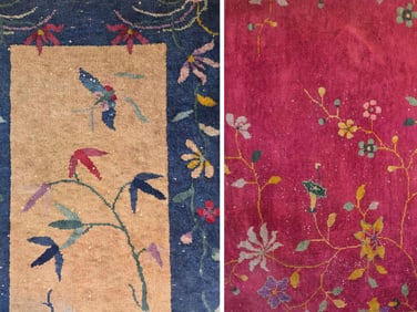 PAIR OF VINTAGE CHINESE ART DECO WOOL RUGS WITH BRIGHT FLORAL MOTIFS