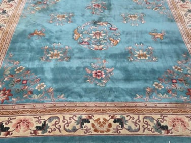 VINTAGE CHINESE DECO SCULPTED WOOL RUG SQUARE AQUA TURQUOISE PASTORAL FLORAL