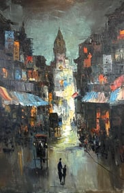 DARK CITYSCAPE IMPASTO OIL PAINTING C.1950-1960